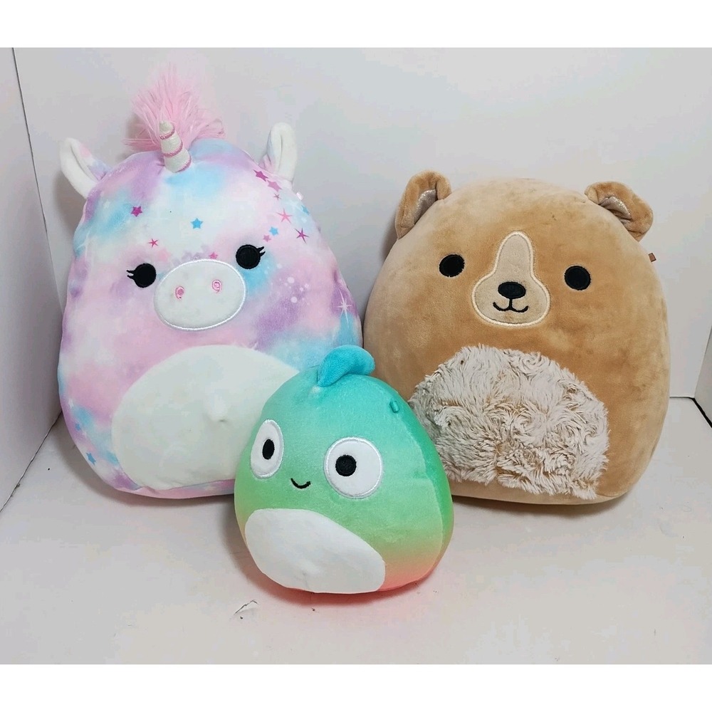Lot Of 3 Squishmallow Various Sizes Tie Dye Unicorn Fuzzy Bear Chameleon